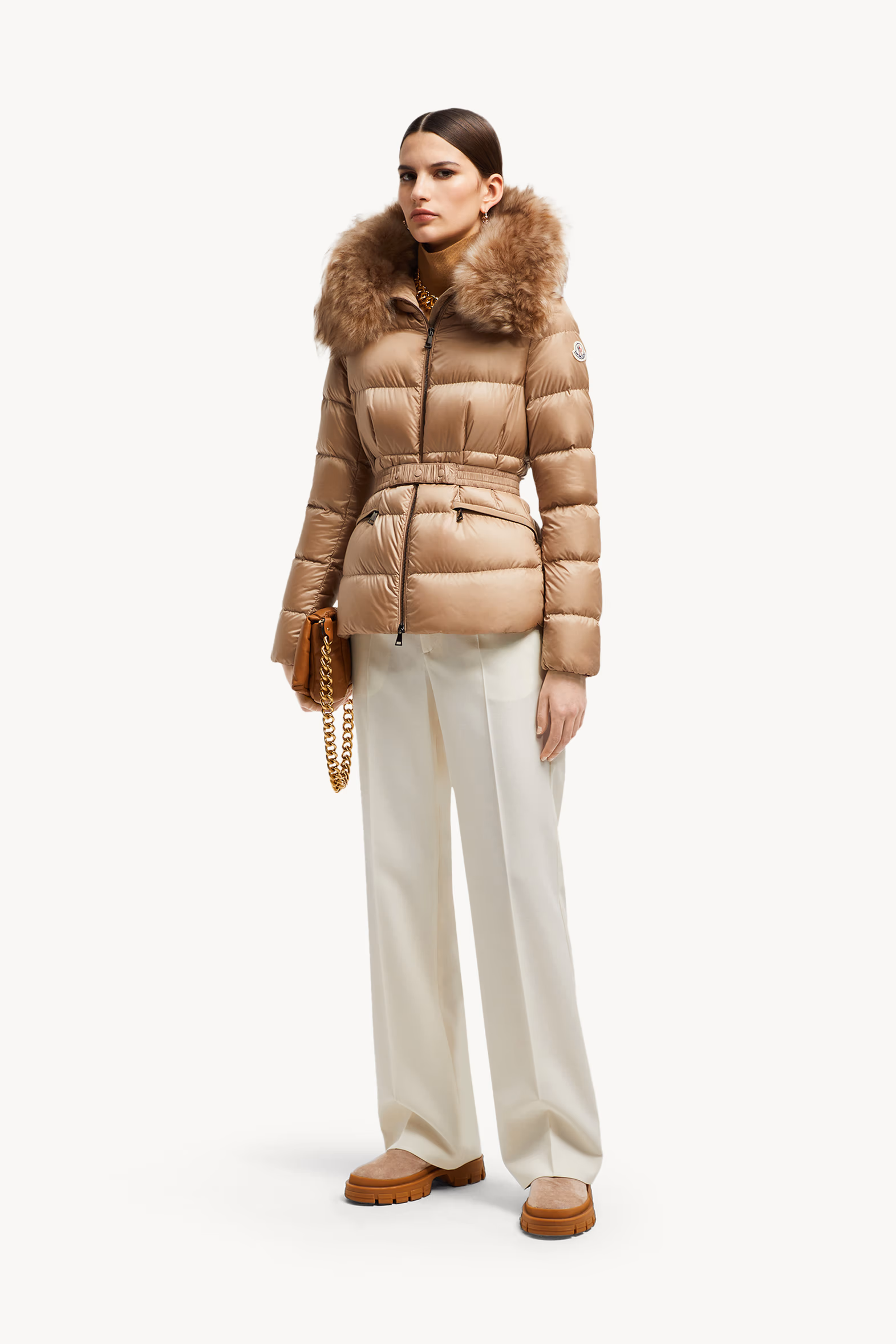 Doudoune courte à capuche bordée de shearling Boed Femmes Beige Chameau Moncler 0